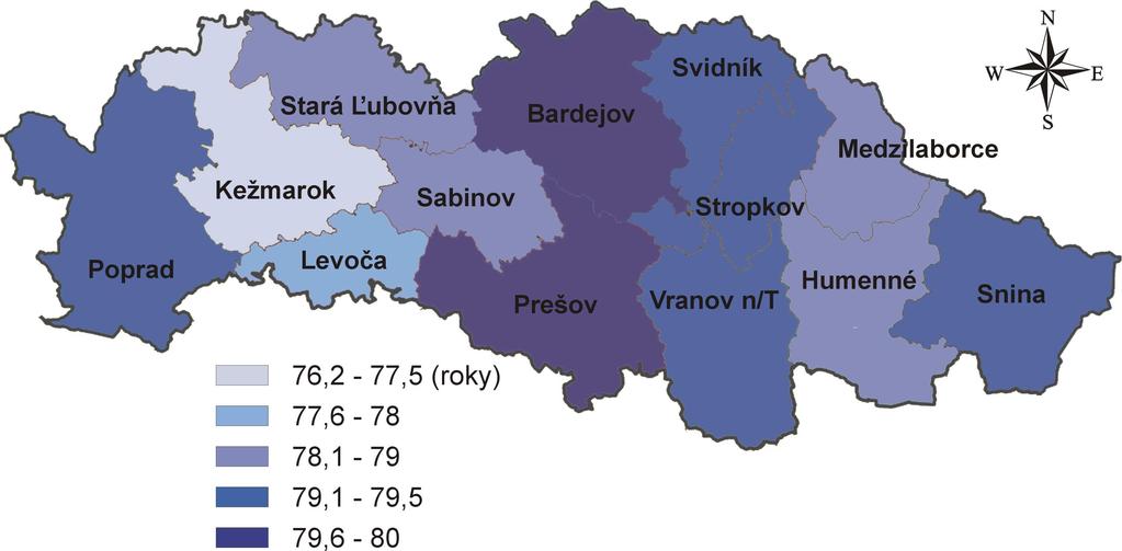 zomretých na 1000 obyvateľov v okresoch Prešovského kraja, rok 2009 Stredná dĺžka života mužov