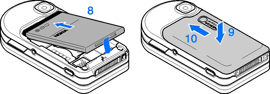 Pozorne vlo¾te SIM kartu do dr¾iaka (5). Zatvorte dr¾iak SIM karty (6) a zasunutím ho zaistite (7). Znova nasaïte na miesto batériu (8). Dbajte na správnu polohu kontaktov batérie.