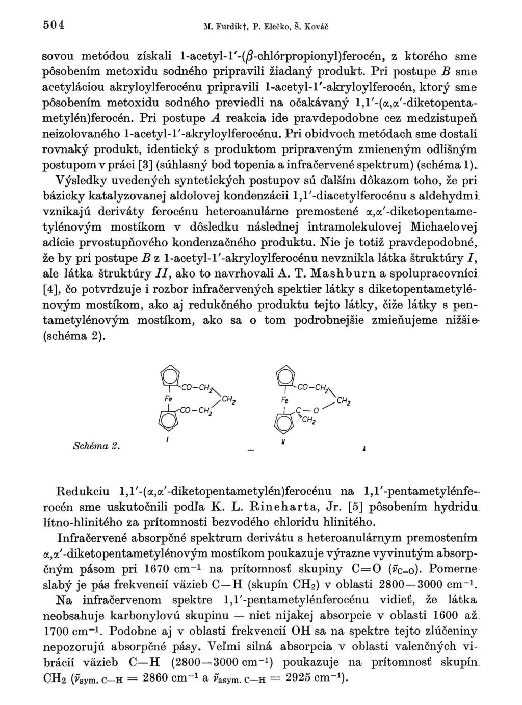 504 M. Furdíkt, P. Eletko, Š. Kováč sovou metódou získali 1 -acetyl- ľ-(js-chlórpropionyl)ferocén, z ktorého sme pôsobením metoxidu sodného pripravili žiadaný produkt.