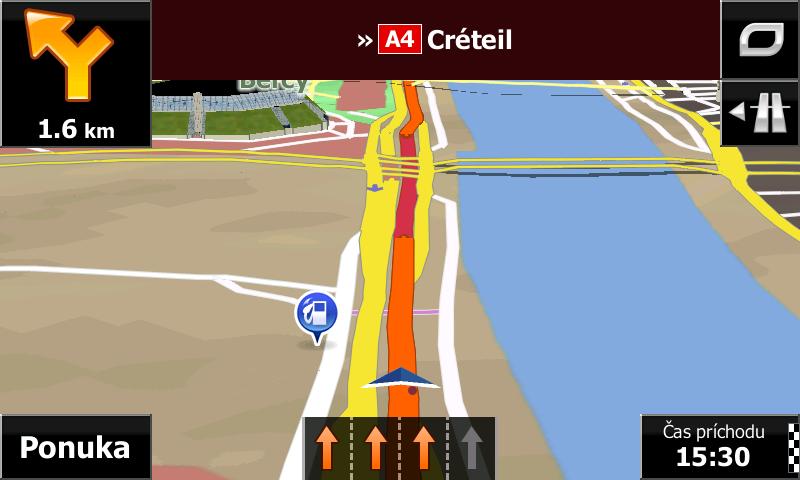 Ak sú v údajoch mapy k dispozícii informácie o dopravných pruhoch, smer v jednotlivých dopravných pruhoch sa v programe Fiat Punto AVN zobrazuje pomocou malých šípok v dolnej časti mapy.