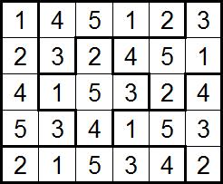 8) Kapsule Vložte do mriežky čísla od 1 po 5, tak aby sa v každom ohraničenom regióne nachádzalo každé z nich práve raz. Rovnaké čísla sa nesmú navzájom dotýkať, a to ani šikmo.