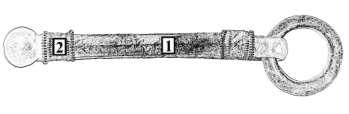 Obr. 62 Ilustračná kresba ozdoby opasku A-807 s vyznačením miest spektrálneho merania. Tabela 62 Priemerné hmotnostné percentá (Wt %) jednotlivých prvkov skúmaného predmetu A-807.