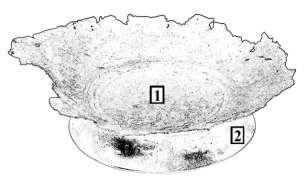 Dno nádoby (fragment) A-835, Balneologické múzeum Piešťany Obr. 85 Ilustračná kresba fragmentu dna nádoby A-835 s vyznačením miesta spektrálneho merania.