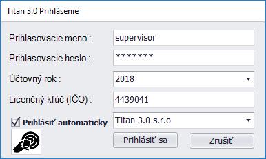 Prihlásenie / odhlásenie zo systému Po spustení programu TITAN 3.0 sa na obrazovke zobrazí okno pre prihlásenie. Prihlasovacie údaje Vám poskytne správca alebo dodávateľ programu TITAN 3.0. Prihlásenie Pri prihlásení je nutné vyplniť Vaše prihlasovacie meno, heslo a vybrať účtovný rok.