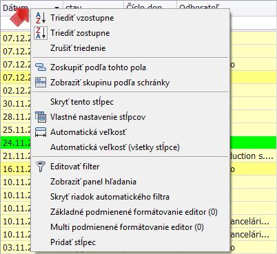 Kontextové menu stĺpcov Zobrazí sa po kliknutí pravým tlačidlom myši na hlavičku (záhlavie) stĺpca v zozname.