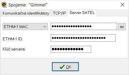 Záložka Server SATEL Nižšie uvedené nastavenia sa týkajú komunikácie prostredníctvom servera SATEL. Obr. 18. Program GUARDX: záložka Server SATEL v okne Spojenie. Vybrať variant ETHM-1 adresa MAC.