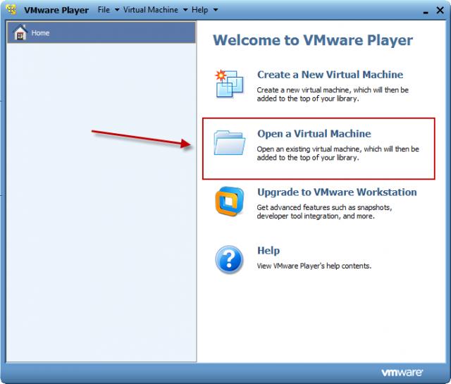 Obrázok: Po spustení VMware playera kliknete na tlačidlo Open a Virtual Machine V