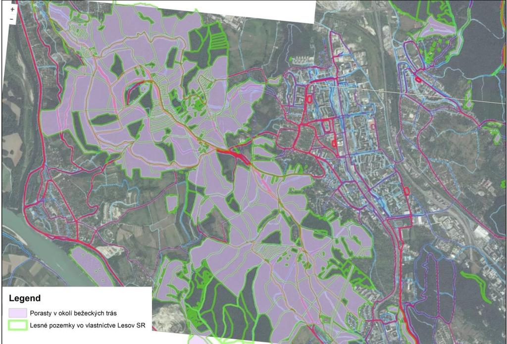 Obr. 8 Porasty nachádzajúce sa v blízkosti ciest s vysokou frekvenciou výskytu (cesty vyznačené červenou, purpurovou a tmavo-modrou farbou) ľudí na podklade mapy z portálu strava.com.