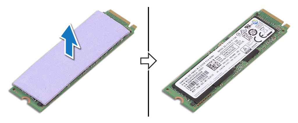 Montáž disku SSD M.2 1 Nalepte na disk SSD tepelnú podložku. POZNÁMKA: Tepelná podložka sa používa iba pri montáži diskov SSD PCIe. 2 Zasuňte disk SSD M.2 šikmo do príslušného otvoru.