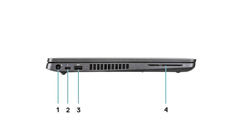7 LED indikátor činnosti Pohľad zľava 1 Port napájacieho kábla 2 Port USB 3.1 Gen 2 (USB Type-C) s funkciou portu DisplayPort/Thunderbolt (voliteľný) 3 USB 3.
