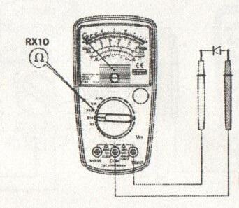 5. Meranie LED diód. Prepínač prepnite na rozsah Ω*10 a meracie káble pripojte k dvom vývodom LED diódy. Štvrtá stupnica LI znázorňuje prúd pretekajúci diódou v priepustnom smere (IF).