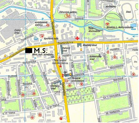 Obr. 2 Mapa mesta s vyznačenou monitorovacou stanicou. Základné údaje o meracej stanice Senica, Hviezdoslavova: Tab.