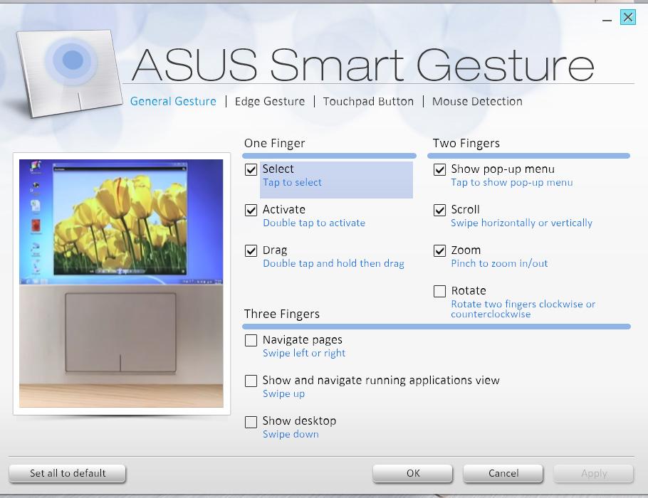 3. V okne ASUS Smart Gesture zaškrtnite gestá, ktoré chcete aktivovať v možnosti Troma prstami 4.