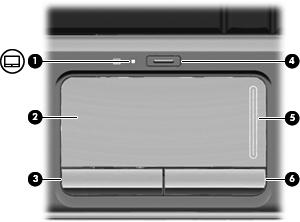 2 Súčasti Súčasti na hornej strane TouchPad Súčasť Popis (1) Indikátor zariadenia TouchPad Biela: zariadenie TouchPad je zapnuté. Jantárová: zariadenie TouchPad je vypnuté.