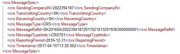 DAC2/CRS XML súbr ma nasledvnú štruktúru Hlavička (<crs:messagespec>) Tel (<crs:crsbdy>) Jedna znamujúca Finančná inštitúcia (<crs:reprtingfi>) Infrmácie FI Identifikácia reprtvanéh záznamu