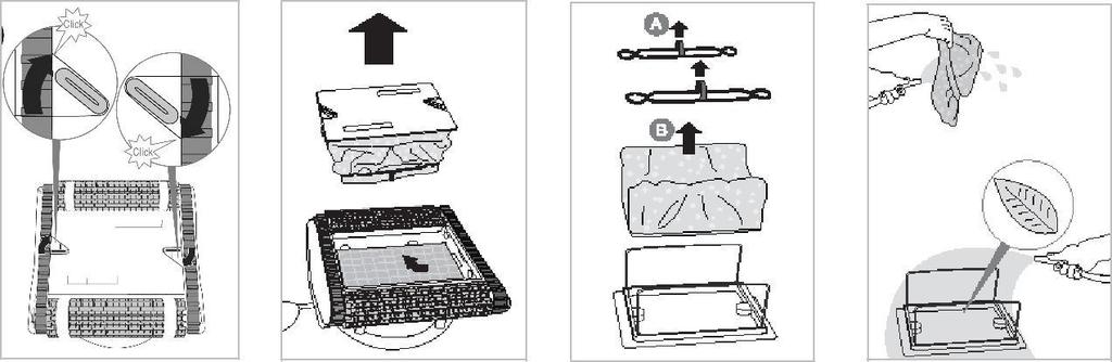 2.4.1. Návod na vybratie a vyčistenie filtračného vrecka: 1) Vypnite transformátor a odpojte vysávač zo siete. 2) Vyberte vysávač z vody (viď. čl. 2.4.) a položte ho na chrbát.
