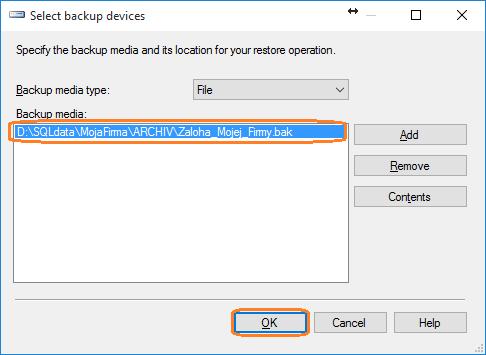 Zobrazí sa formulár Select backup devices a v ňom stlačte tlačidlo s voľbou Add.