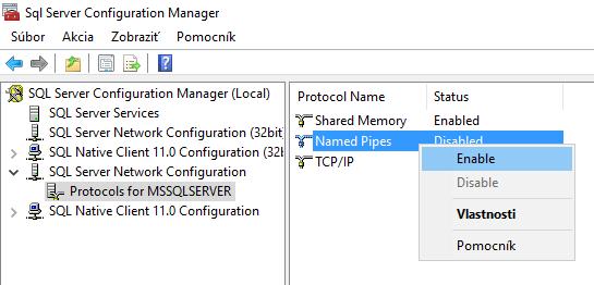 Po inštalácii SQL Servera sú defaultne vypnuté protokoly Named pipes a TCP/IP.