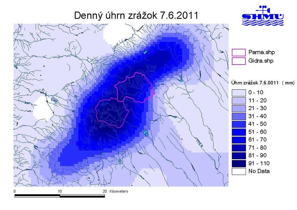 Predbežné hodnotenie povodňového rizika v Slovenskej republike 67 Obr. 4.4 Denný úhrn zrážok dňa 7. júna 2011 v oblasti malých Karpát Najväčšia časť zrážok spadla v priebehu časového obdobia cca 3.