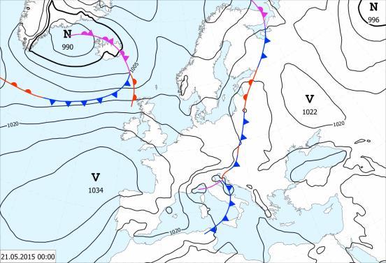 V závere týždňa prechodne zasahoval zo západnej Európy cez Nemecko nad Poľsko výbežok vyššieho tlaku vzduchu. Zrážky Obr. 4.26 Vývoj meteorologickej situácie 19.-21.5.
