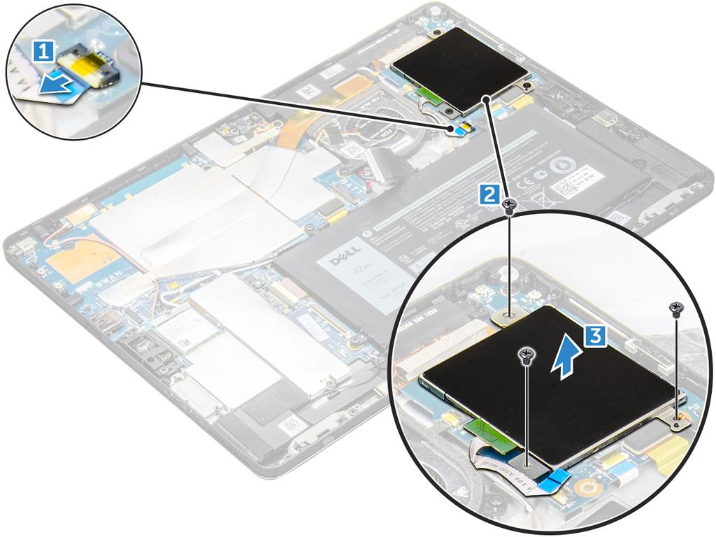 b POZNÁMKA: Zásuvku na kartu usim majú iba tablety vybavené modulom WWAN. zobrazovací panel 3 Odpojenie káblov: a Odpojte kábel karty Smart Card od rámu karty Smart Card [1].