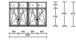 Vymenené budú 4 ks identických okien. Približné rozmery 1 ks okna, ktoré je členené na 8 dielov sú zrejmé z obrázku. Miery sú uvedené v mm.