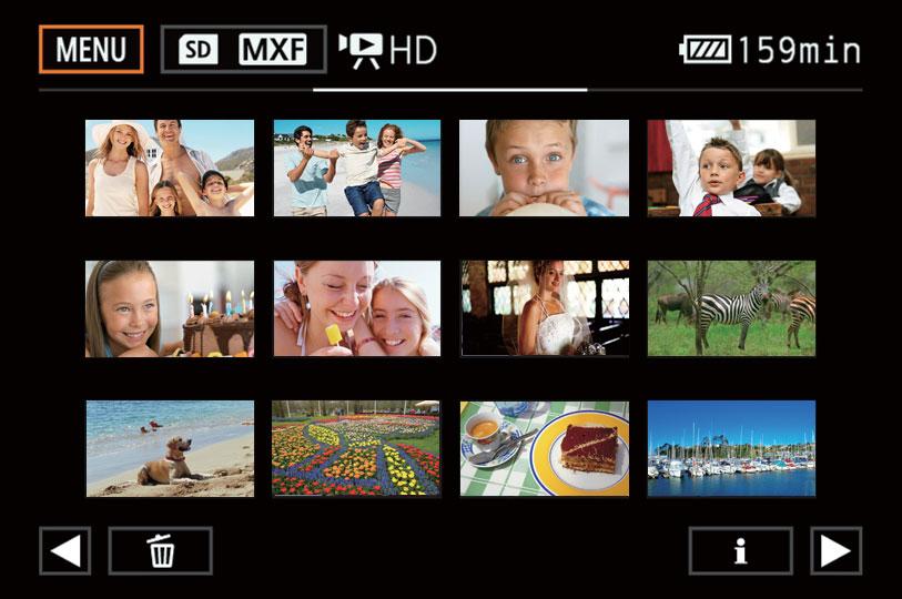 Prehrávanie Zmena indexového zobrazenia Videoklipy a fotografie sa zoraďujú do rôznych indexových zobrazení v závislosti od typu záznamu.
