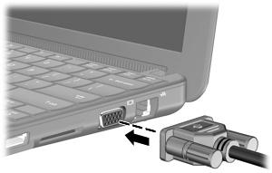 Pripojenie externého monitora alebo projektora: 1. Pripojte voliteľný kábel VGA k portu pre externý monitor na zariadení. 2. Pripojte externý monitor alebo projektor k druhému koncu kábla.