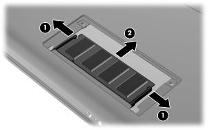 8. Snímte kryt priestoru pre pamäťový modul (2) zo zariadenia. 9. Vyberte existujúci pamäťový modul: a. Potiahnite prídržné svorky (1) na oboch stranách pamäťového modulu smerom od seba.
