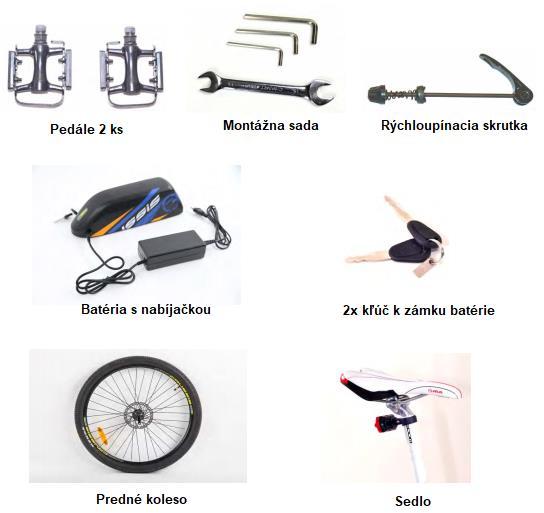 OBSAH BALENIA ZOSTAVENIE ELEKTROBICYKLA 1. Najprv vyberte bicykel z prepravného obalu a následne odstráňte baliaci materiál okolo jednotlivých častí bicykla. 2.