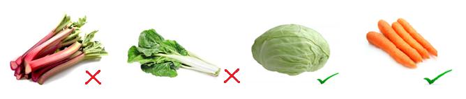 Medzi domáce druhy zeleniny s vyšším obsahom kyseliny oxalovej patrí špenát (550 mg/100 g), rebarbora (431 mg/100 g) a tiež menej využívaná zelenina mangold (650 mg/100 g).