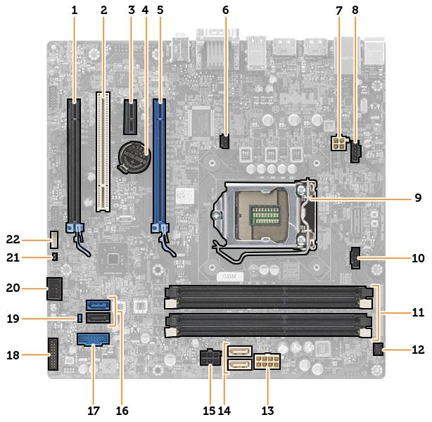 Komponenty systémovej dosky Obrázok 1. Komponenty na systémovej doske 1. Zásuvka pre kartu PCI Express x16 (zapojená ako x4) 2. zásuvka PCI 3. zásuvka PCIe x1 4. gombíková batéria 5.