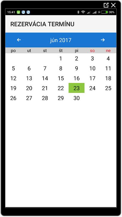 Obr. 14 Kalendár rezervácia Výberom vyznačeného dňa sa dostaneme na ponuku hodín na prihlásenie dátum a čas začiatku výučby, či je možnosť