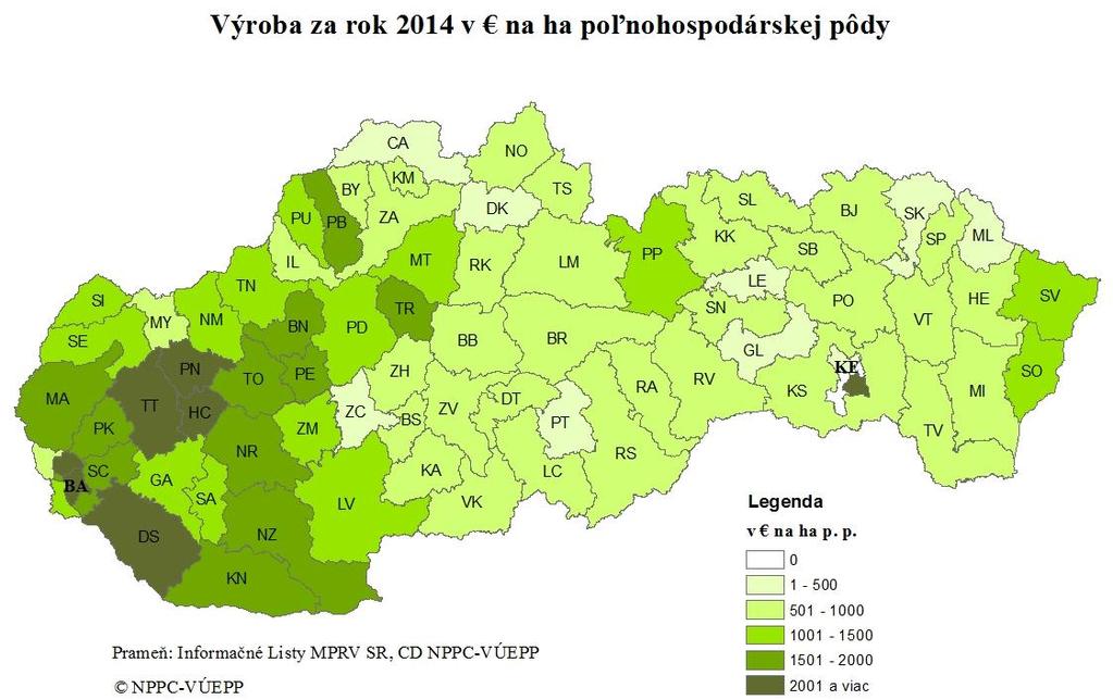 (1 758.ha -1 ) a najnižšiu úroveň Prešovský kraj (656.ha -1 ). Produktivita práce z výroby vzrástla medziročne vo všetkých krajoch okrem Bratislavského.