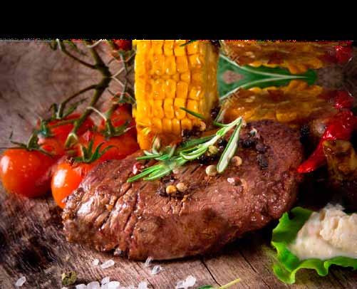 Hovädzie mäso a Steaky Steak a la,,gazda (steak zo sviečkovice, hríbová omáčka, encián) 1, 7 14,00 Labužnícky steak