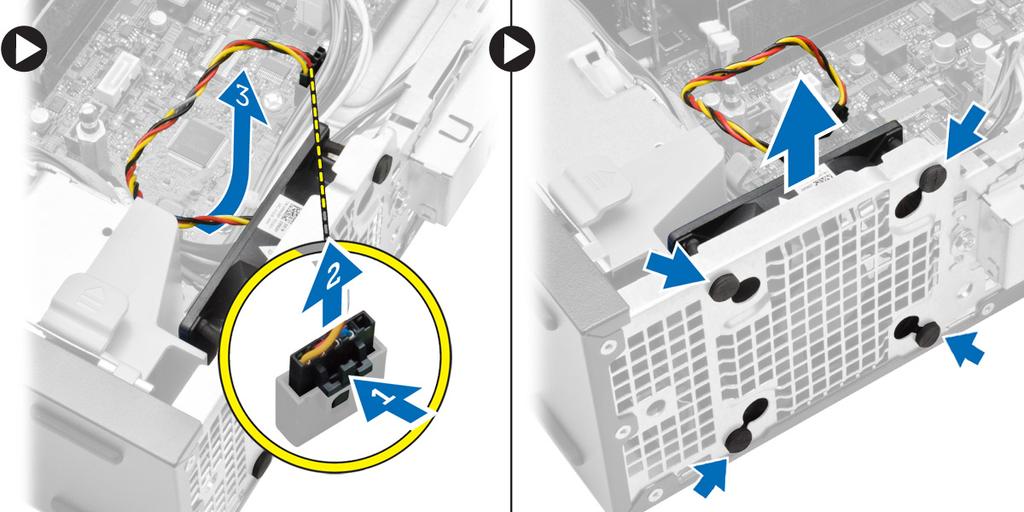 3. Vykonajte nasledujúce kroky podľa ilustrácie: a) Stlačte kábel ventilátora systému [1]. b) Odpojte kábel ventilátora systému od systémovej dosky [2]. c) Vyberte kábel zo systémovej dosky.