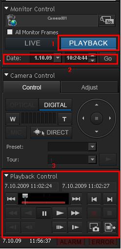 1) kliknite na tlačidlo [Playback] v paneli Monitor Control 2) v poli DATE definujte