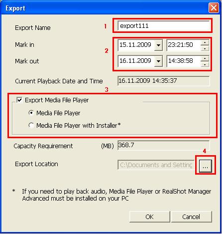 1) zadajte názov pre exportovaný súbor 2) skontrolujte čas exportovaného záznamu 3) Media File Player exportovanie záznamu bez