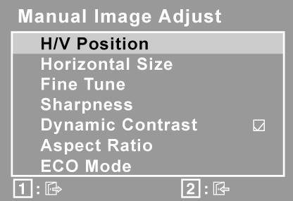 Ovládač Vysvetlenie Manual Image Adjust (Manuálne prispôsobenie obrazu) zobrazuje menu pre Manual Image Adjust (Manuálne prispôsobenie obrazu). H./V.