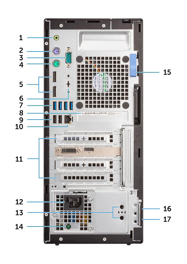 Pohľad na systém zo zadu 1 Port zvukového výstupu 2 Port PS/2 pre klávesnicu 3 Sériový port 4 Port PS/2 pre myš 5 DisplayPort 6 Port s možnosťou výberu portu DisplayPort/HDMI 2.