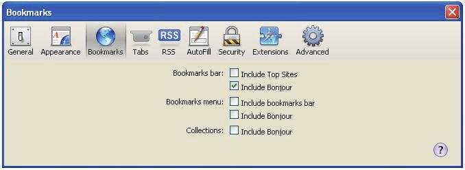 2 Začiarknite položku Include Bonjour (Zahrnúť Bonjour) na paneli Bookmarks (Záložky).