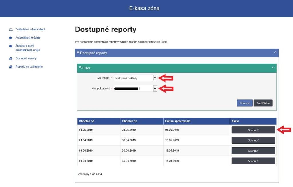 II. Report evidované doklady Pri výbere reportu Evidované doklady si podnikateľ vyberie kód pokladnice e-kasa klient (ORP/VRP), za ktorú chce stiahnuť daný report, následne klikne na filtrovať.