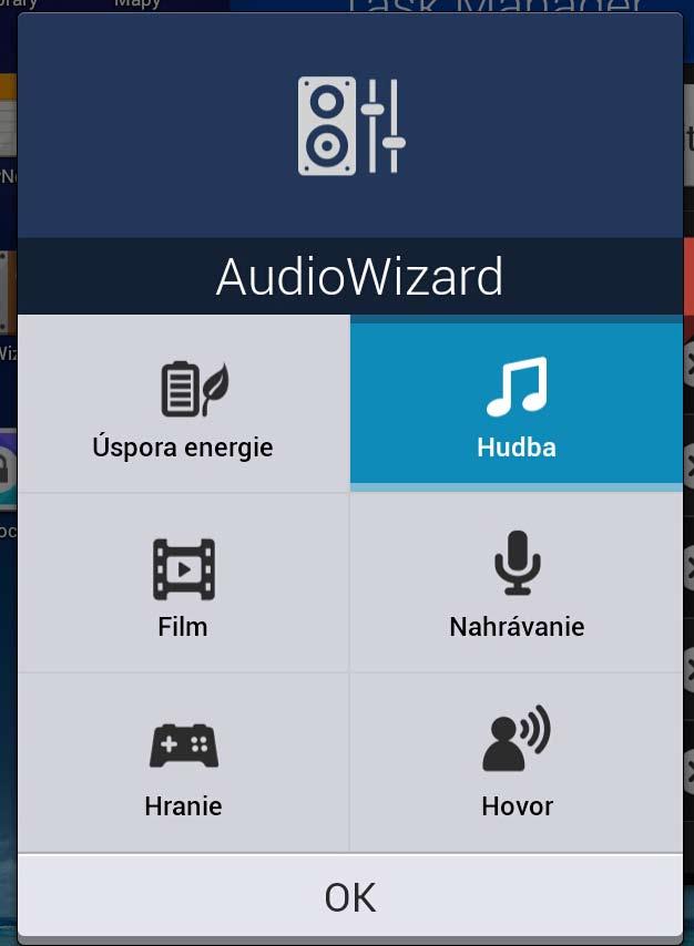 AudioWizard Aplikácia AudioWizard umožňuje prispôsobiť zvukové režimy ASUS Tabletu pre jasnejší výstup zvuku, ktorý sa hodí pre aktuálne používané scenáre.