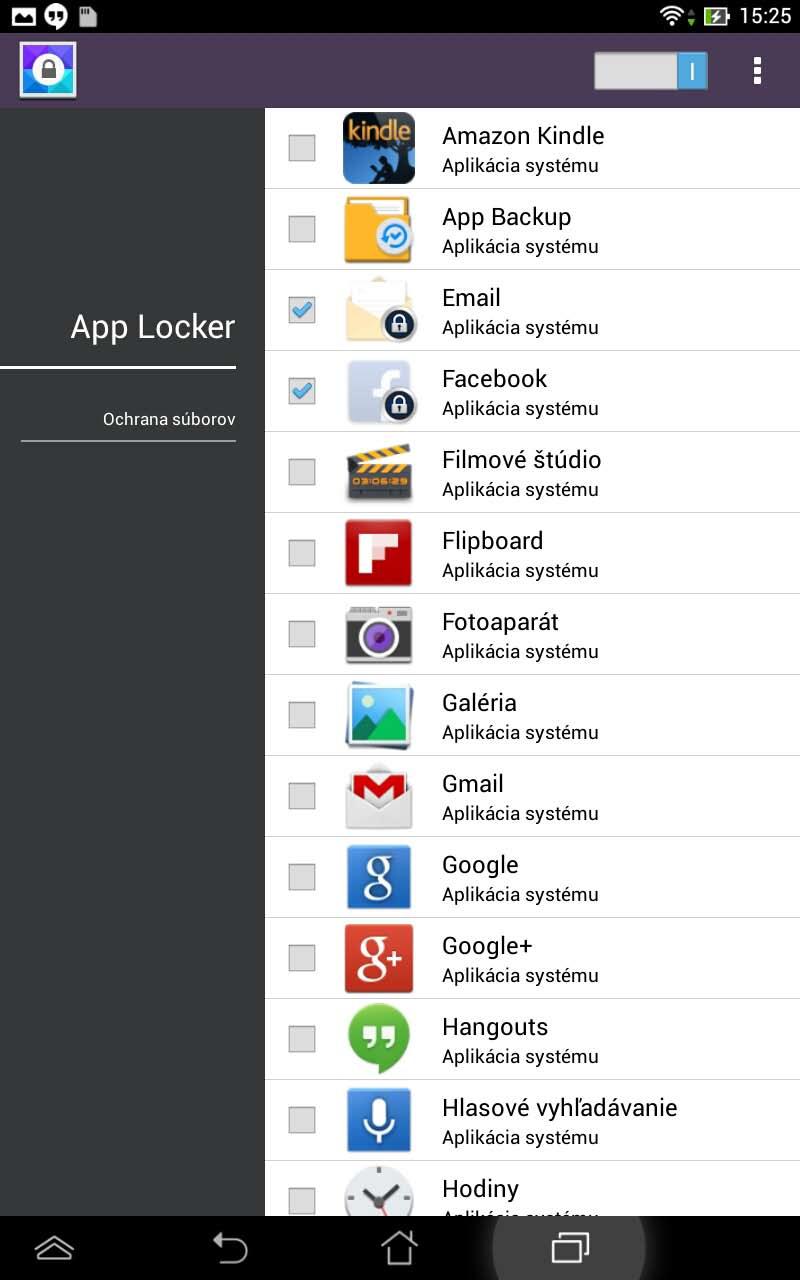 Obrazovka App Locker (Zámok aplikácií) Posunutím posuvného ovládača doprava otvorte zoznam App (Aplikácie). Poklepaním na túto ikonu nakonfigurujte nastavenia App Locker (Zámok aplikácií).