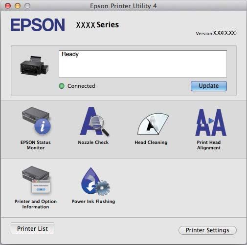 Aplikácie a informácie o sieťovej službe V systéme Mac OS X v10.8.x alebo novšom: ak sa nezobrazí ponuka Nastavenia tlače, ovládač tlačiarne Epson nebol nainštalovaný správne.