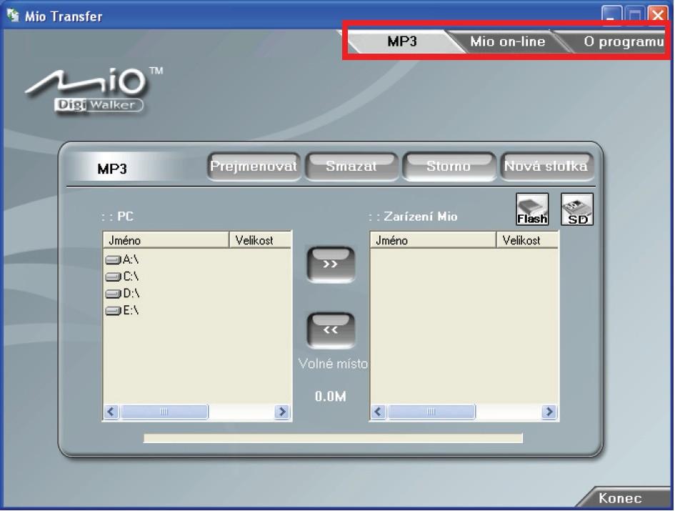 4.2 Spustenie a ukončenie Mio Transfer Kliknite na ikonu Mio Transfer na ploche systému Windows, čím spustíte program. Zobrazí sa okno programu Mio Transfer.