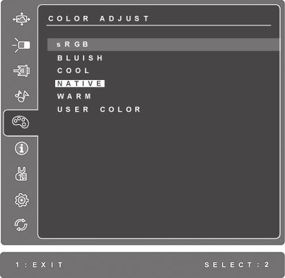 Ovládač Vysvetlenie Color Adjust (Nastavenie farieb) ponúka niekoľko režimov pre nastavenie farieb vrátane prednastavených teplôt farieb a užívateľského režimu pre nastavenie farieb, ktorý umožňuje