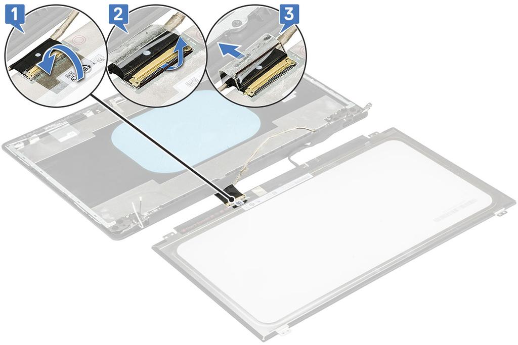 Inštalácia panela LCD 1 Pripojte kábel panela LCD ku konektoru na zadnej strane panela LCD. 2 Nalepte lepiacu pásku.