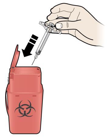 4. krok: Ukončenie J. Použitú injekčnú striekačku a kryt ihly zlikvidujte. Injekčnú striekačku nepoužívajte opakovane. Nepoužívajte liek, ktorý ostal v použitej injekčnej striekačke.