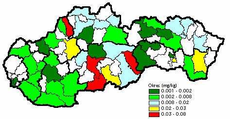 Mapa č. 1 Prehľad obsahu DDT v mliečnych kŕmnych zmesiach v rokoch 1986 až 2001 Vyššie priemerné hodnoty DDT v mliečnych kŕmnych zmesiach boli zistené v Banskobystrickom a Žilinskom kraji.